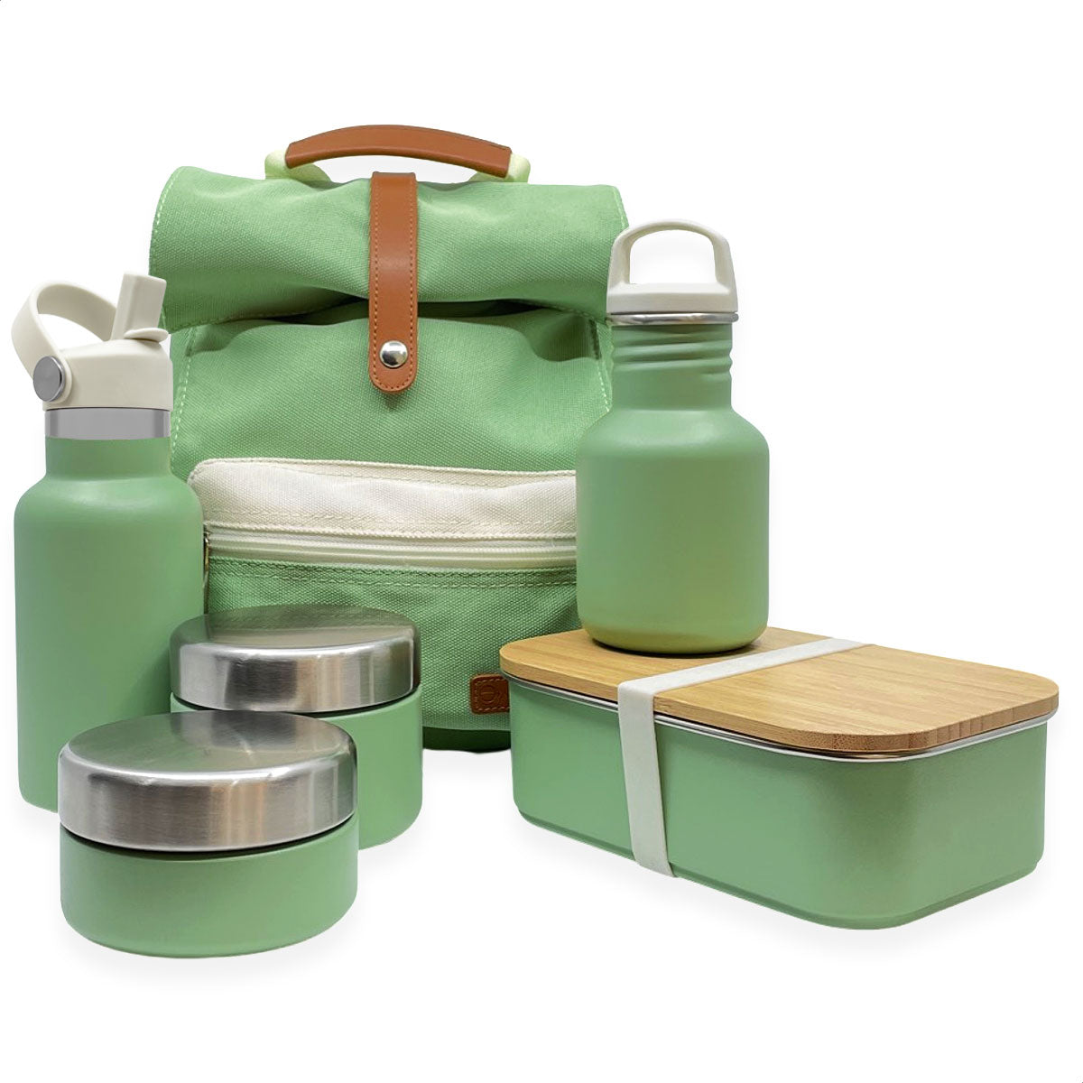 Basisschool startset van Smikkels met rugzak lunchbox fruitbakjes en drinkflessen in de kleur groen