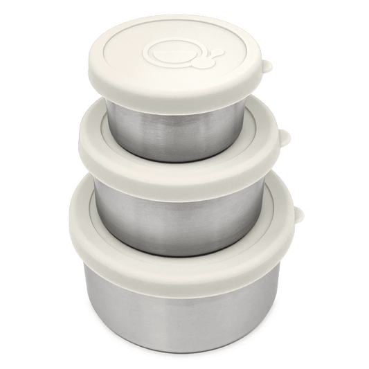 Set van 3 RVS snackbakjes met witte deksels – Smikkels Basic