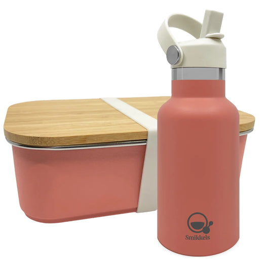 Roze RVS lunchbox met bamboe deksel en bijpassende thermosfles
