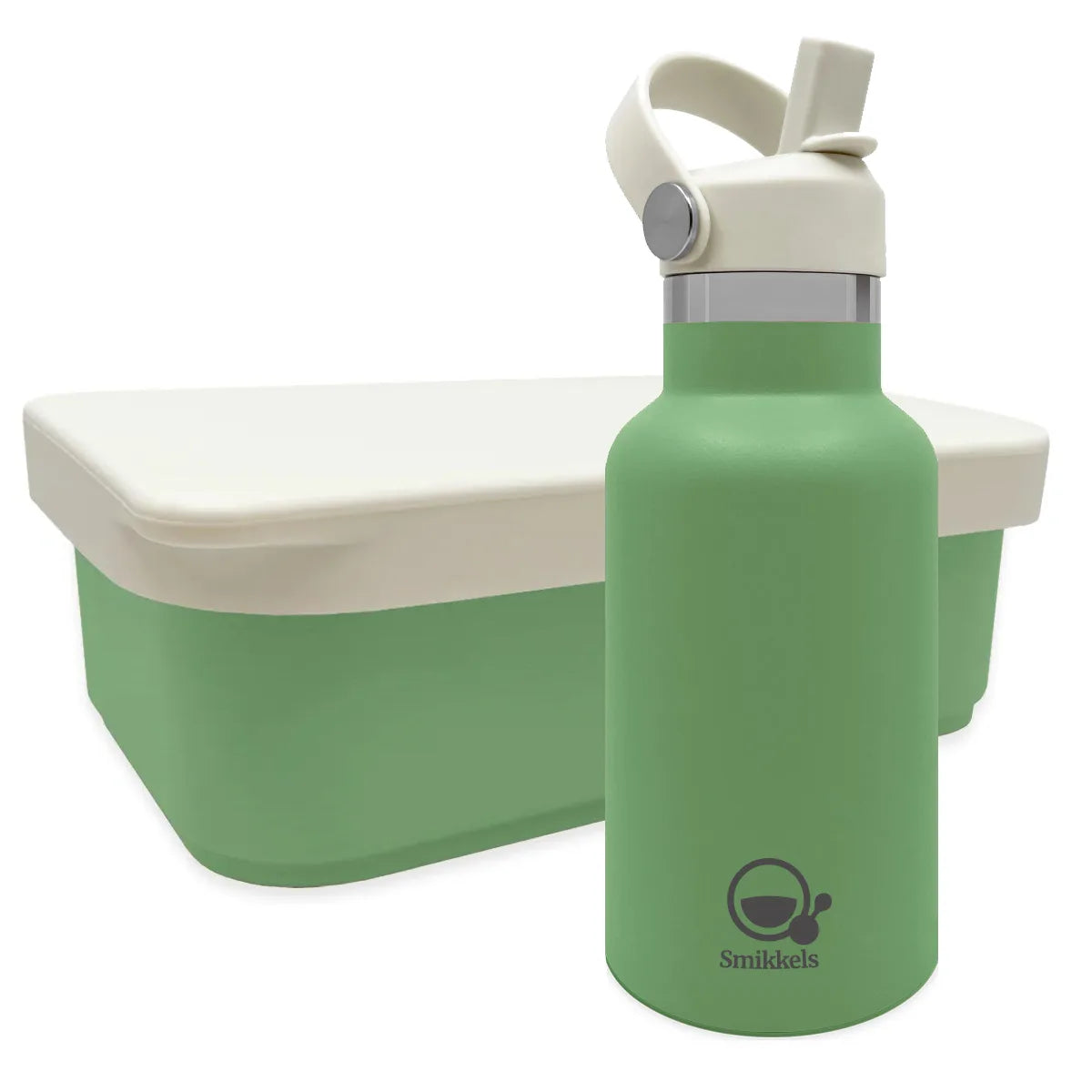Groene RVS lunchbox met siliconen deksel en bijpassende thermosfles