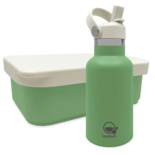 Groene RVS lunchbox met siliconen deksel en bijpassende thermosfles