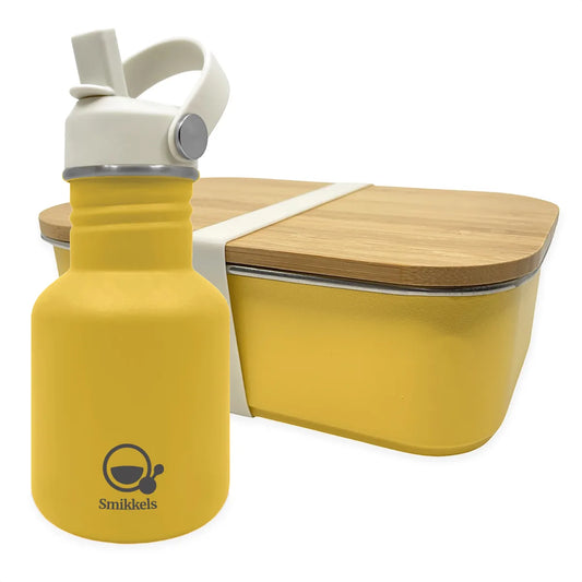 Gele RVS lunchbox met bamboe deksel en bijpassende drinkfles