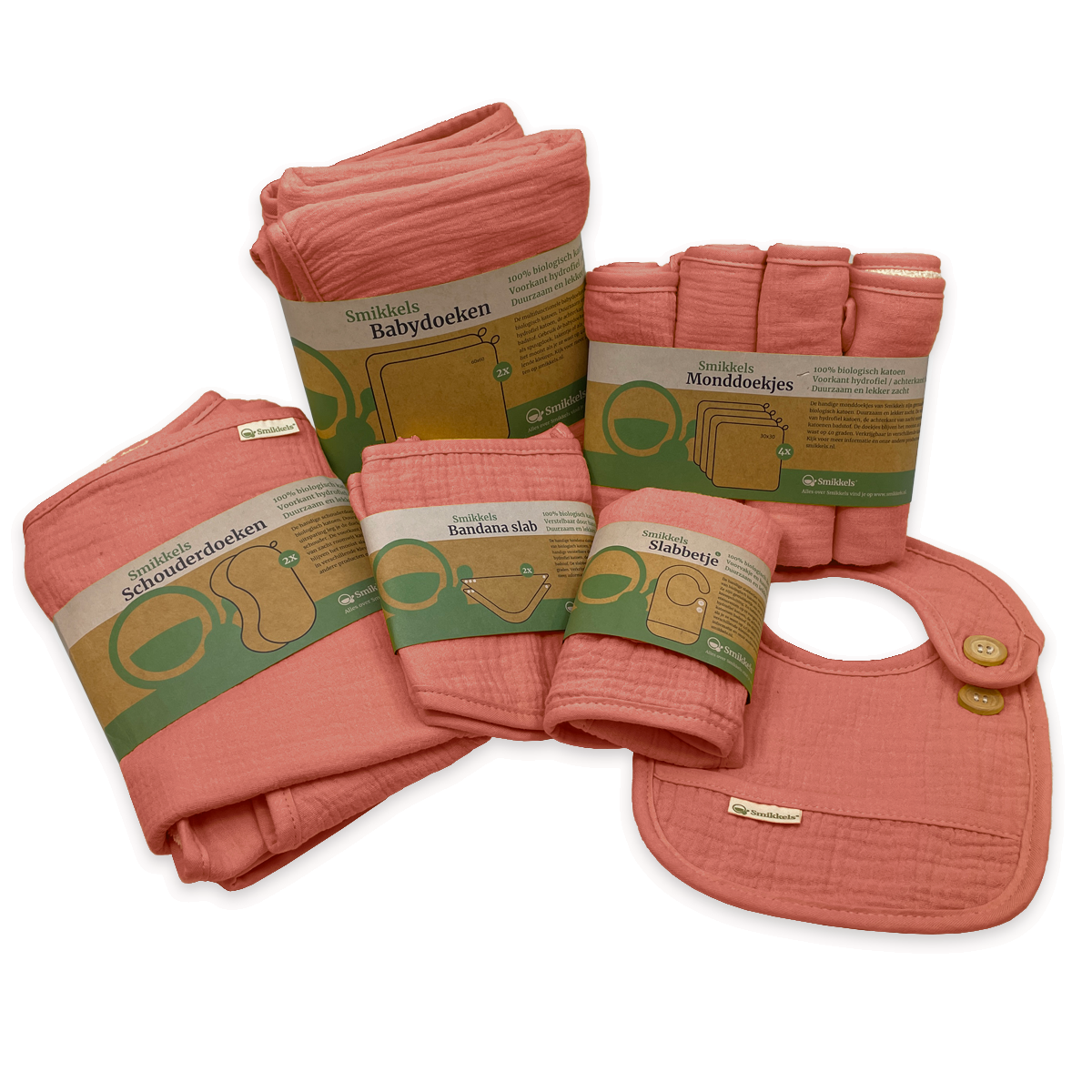 De roze textiel starterset van Smikkels met monddoekjes, slabbetjes, babyhanddoeken en schouderdoeken