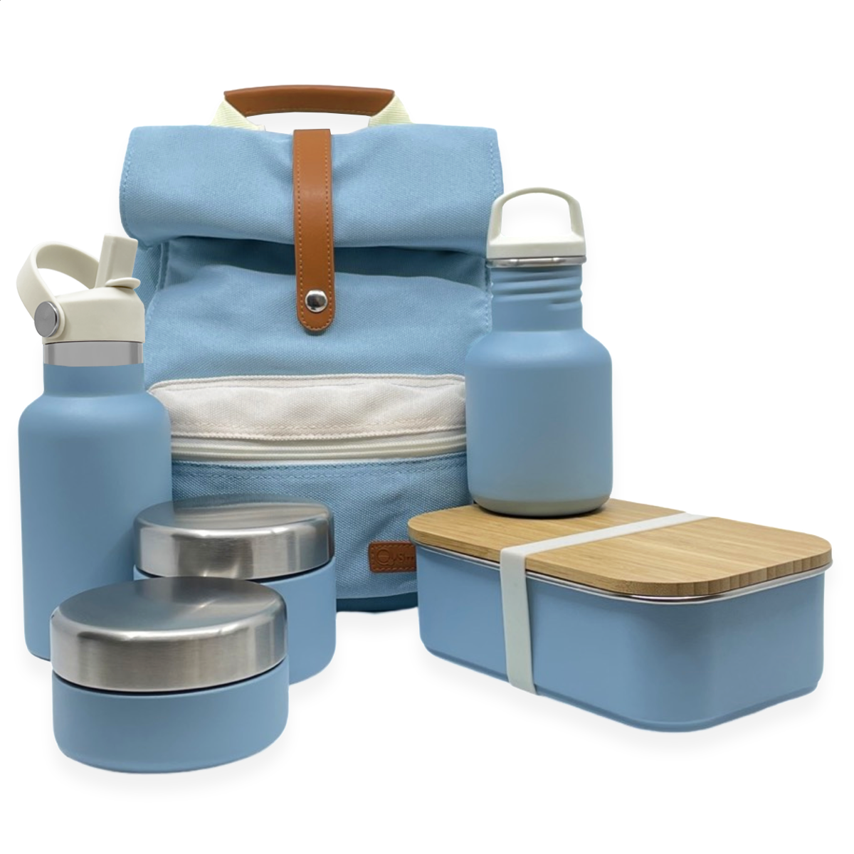 Set van rugzak, drinkfles, thermosdrinkfles, fruitbakjes en lunchbox van Smikkels in de kleur blauw