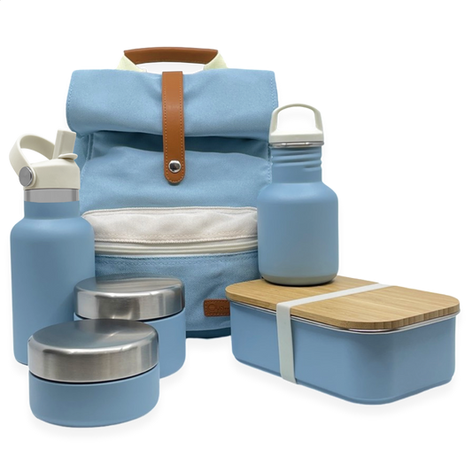Set van rugzak, drinkfles, thermosdrinkfles, fruitbakjes en lunchbox van Smikkels in de kleur blauw