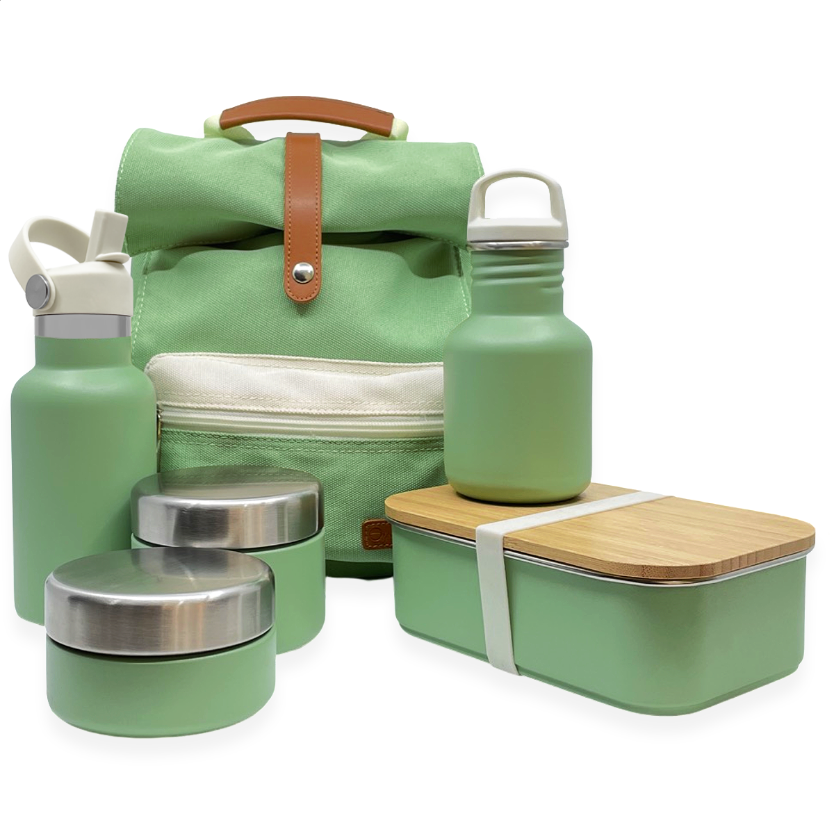 Set van rugzak, drinkfles, thermosdrinkfles, fruitbakjes en lunchbox van Smikkels in de kleur groen