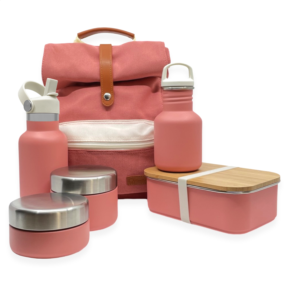 Set van rugzak, drinkfles, thermosdrinkfles, fruitbakjes en lunchbox van Smikkels in de kleur roze
