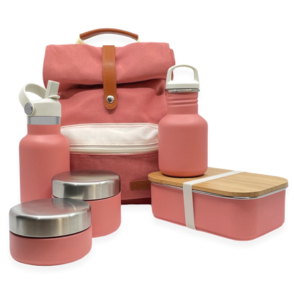 Set van rugzak, drinkfles, thermosdrinkfles, fruitbakjes en lunchbox van Smikkels in de kleur roze