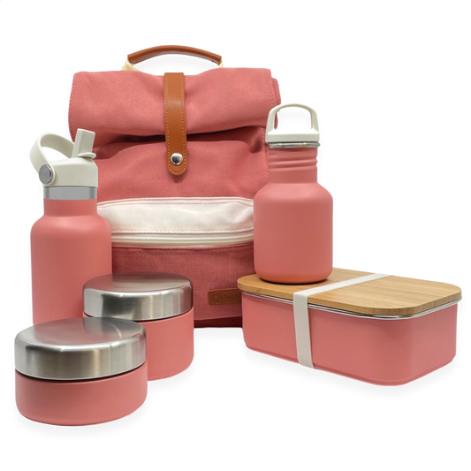Set van rugzak, drinkfles, thermosdrinkfles, fruitbakjes en lunchbox van Smikkels in de kleur roze