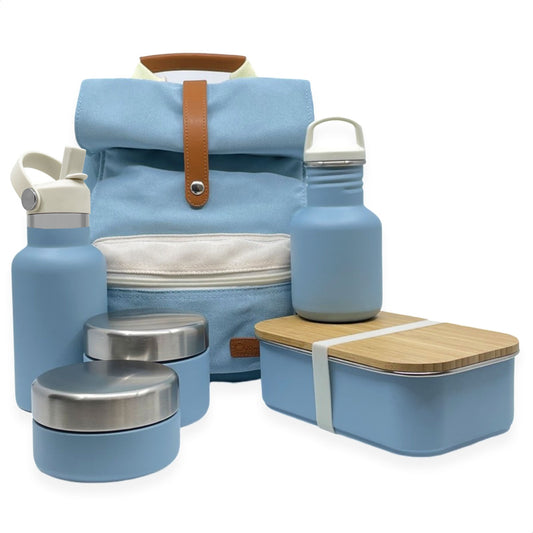 Basisschool startset van Smikkels met rugzak lunchbox fruitbakjes en drinkflessen in de kleur blauw