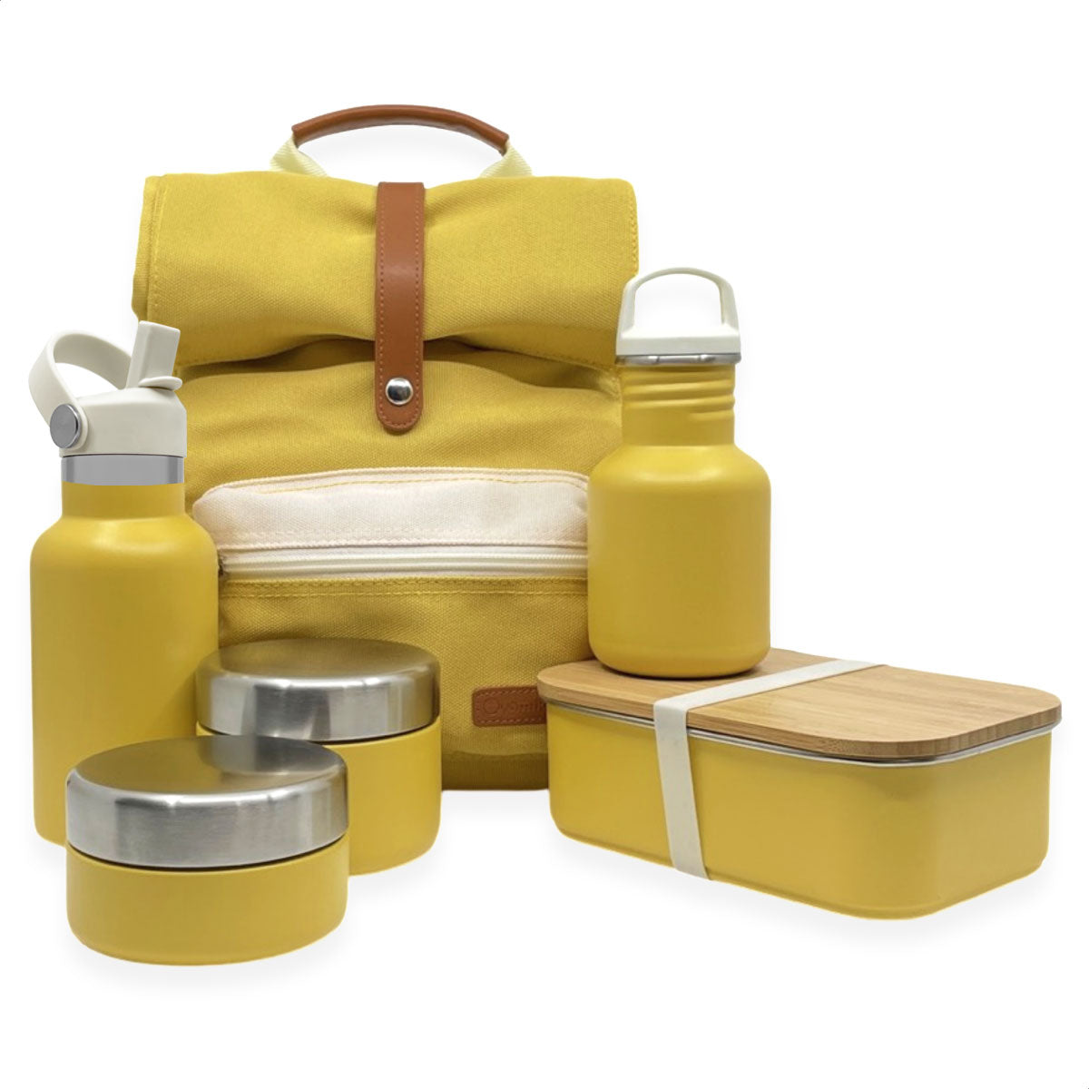 Basisschool startset van Smikkels met rugzak lunchbox fruitbakjes en drinkflessen in de kleur geel