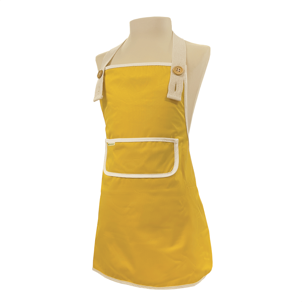 Geel kinderschort van Smikkels van met zacht RPET buitenkant en badstof binnenkant 