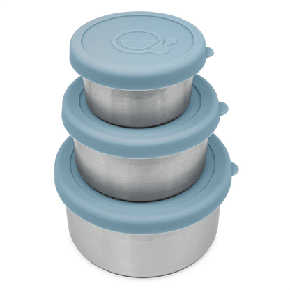 Set van 3 RVS snackbakjes met blauwe deksels – Smikkels Basic