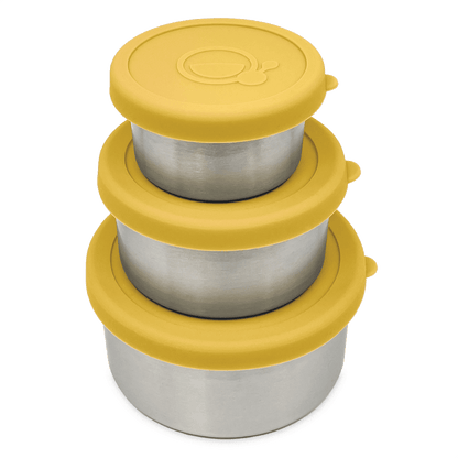 Set van 3 RVS snackbakjes met gele deksels – Smikkels Basic