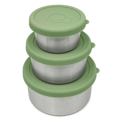 Set van 3 RVS snackbakjes met groene deksels – Smikkels Basic