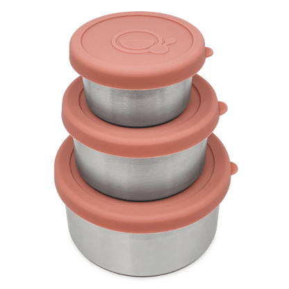 Set van 3 RVS snackbakjes met roze deksels – Smikkels Basic