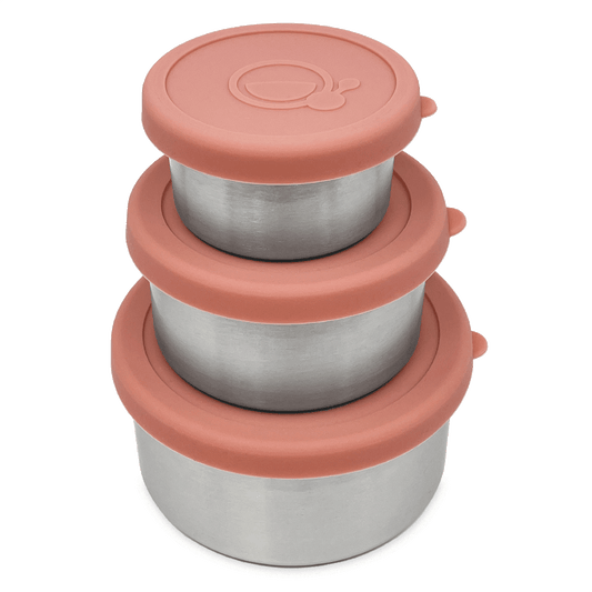 Set van 3 RVS snackbakjes met roze deksels – Smikkels Basic
