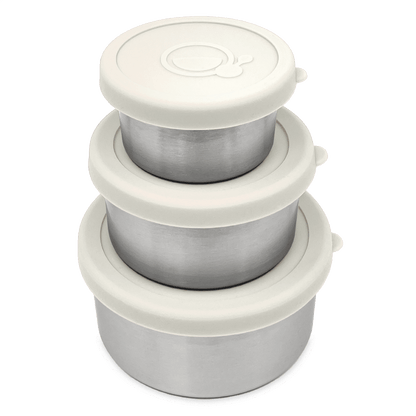 Set van 3 RVS snackbakjes met witte deksels – Smikkels Basic