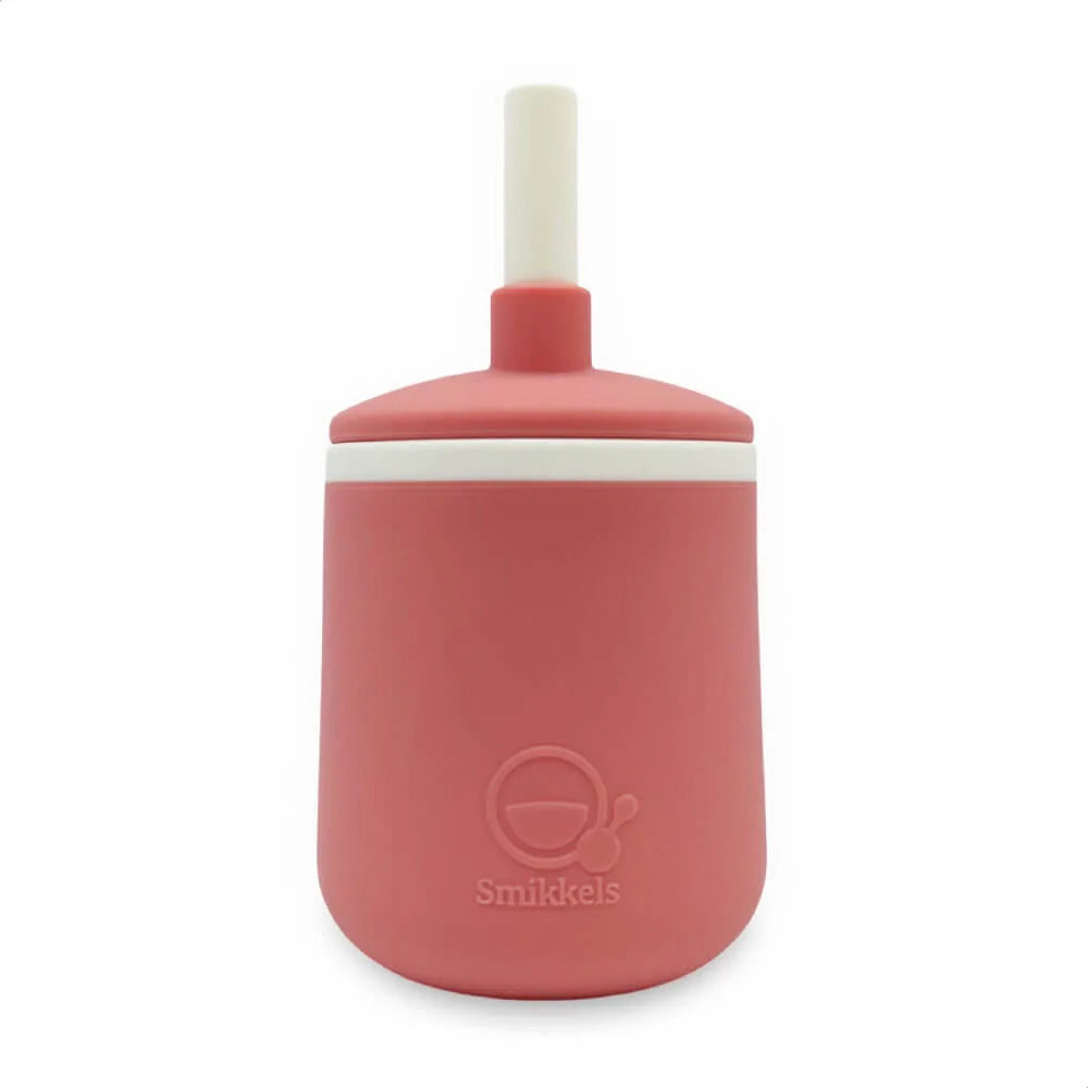 Siliconen kinderbeker met deksel en rietje, roze