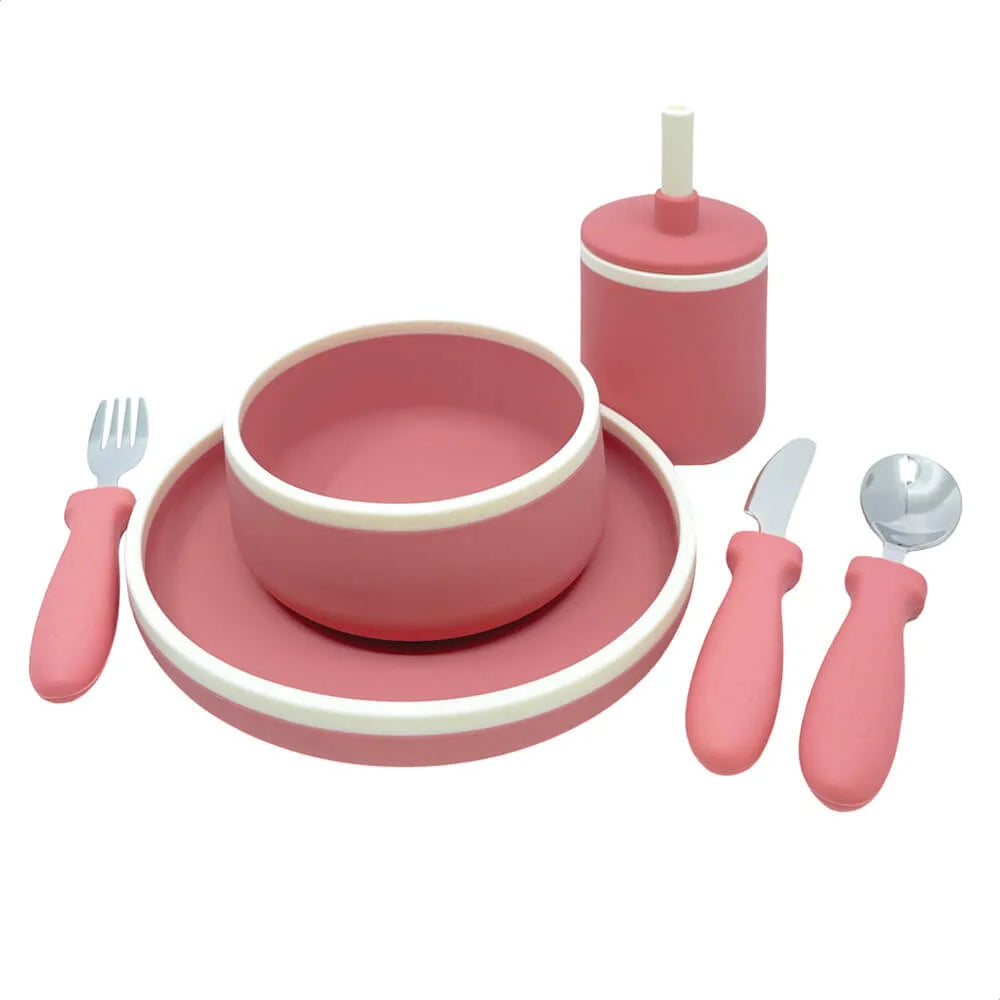 siliconen kinder dinerset, siliconen kinderservies roze