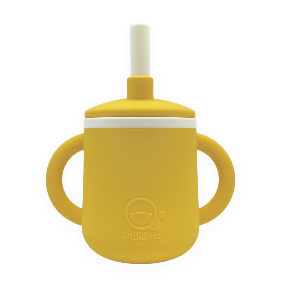 Smikkels siliconen drinkbeker met oren en rietje Geel