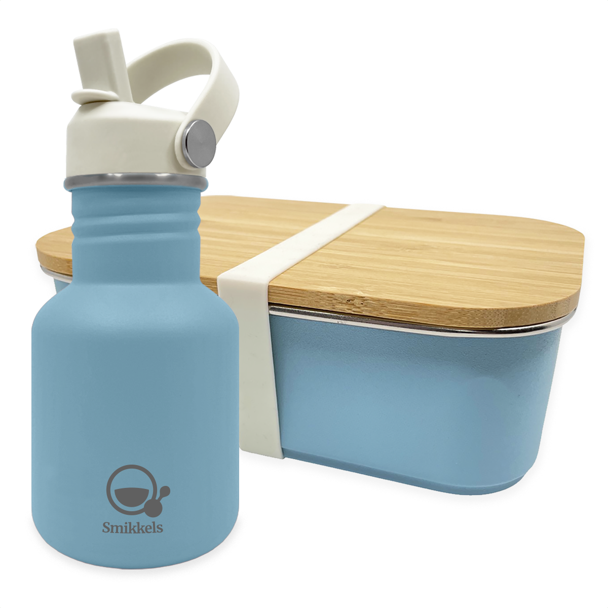 Smikkels set RVS drinkfles en RVS lunchbox met bamboe deksel Blauw