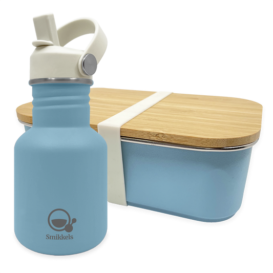 Smikkels set RVS drinkfles en RVS lunchbox met bamboe deksel Blauw