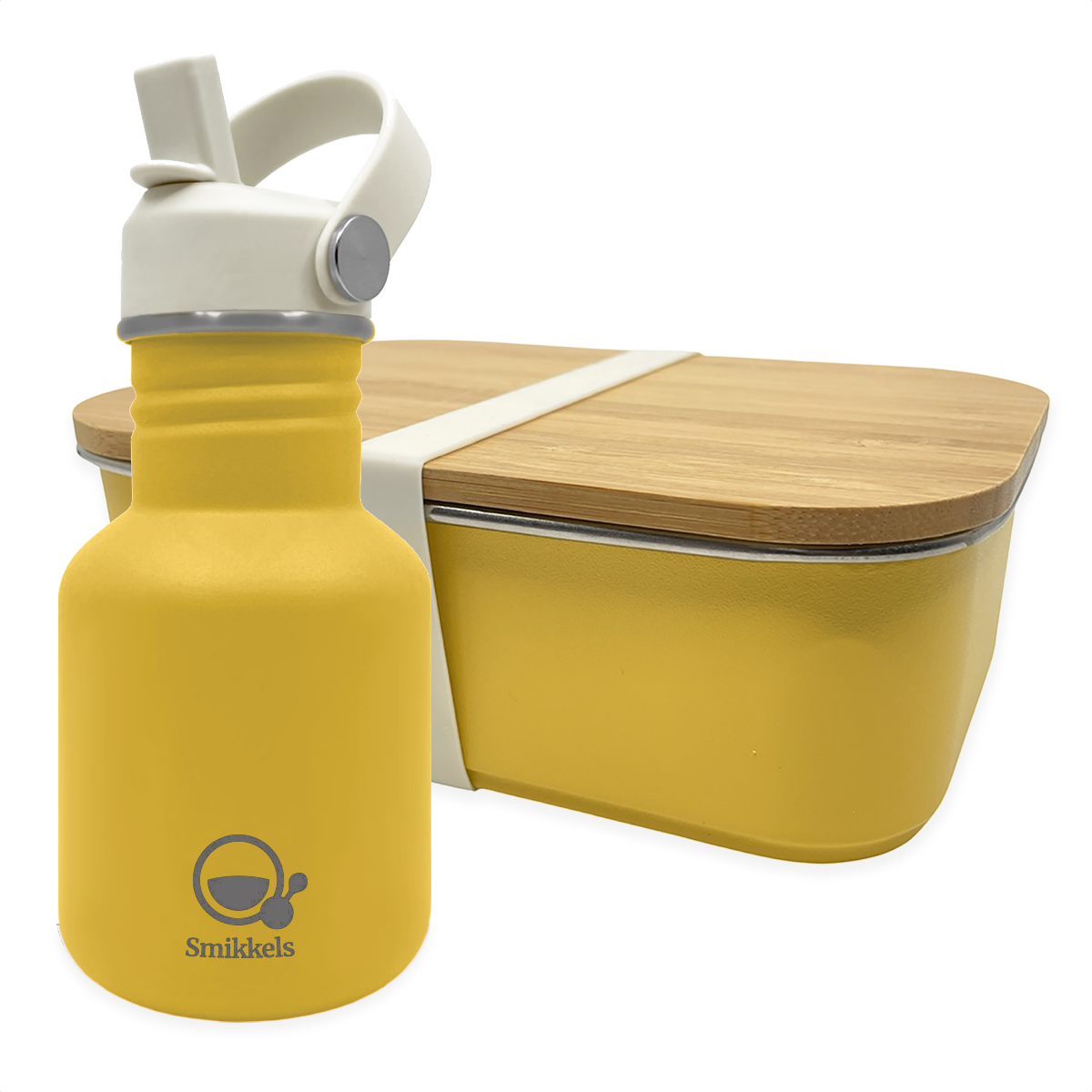Smikkels set RVS drinkfles en RVS lunchbox met bamboe deksel Geel