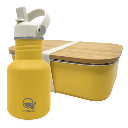 Smikkels set RVS drinkfles en RVS lunchbox met bamboe deksel Geel