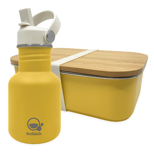 Smikkels set RVS drinkfles en RVS lunchbox met bamboe deksel Geel