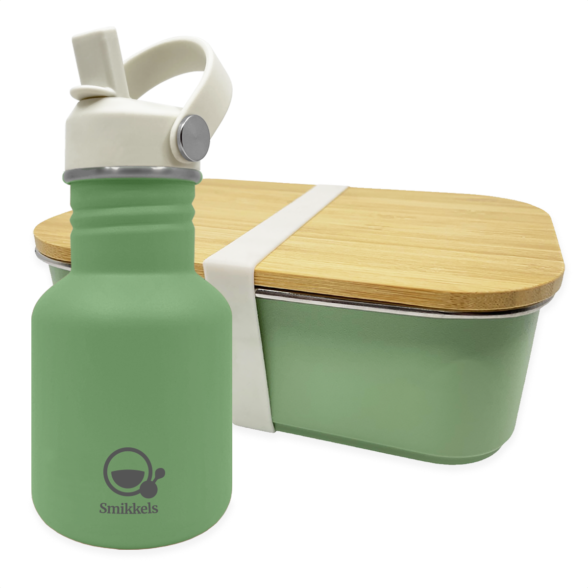 Smikkels set RVS drinkfles en RVS lunchbox met bamboe deksel Groen
