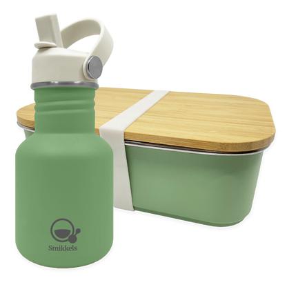 Smikkels set RVS drinkfles en RVS lunchbox met bamboe deksel Groen