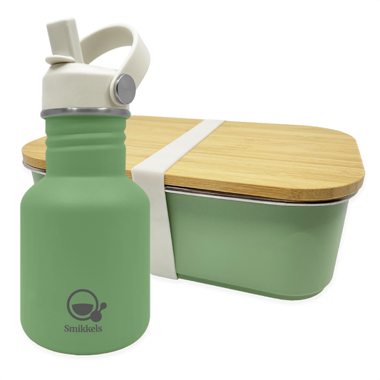 Smikkels set RVS drinkfles en RVS lunchbox met bamboe deksel Groen