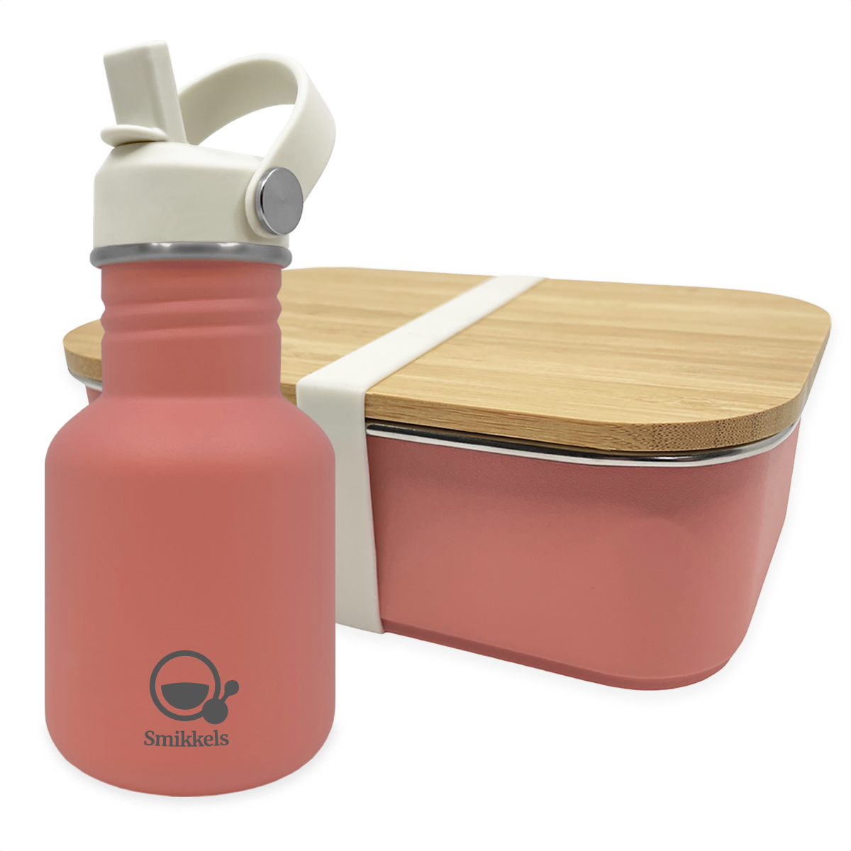Smikkels set RVS drinkfles en RVS lunchbox met bamboe deksel Roze
