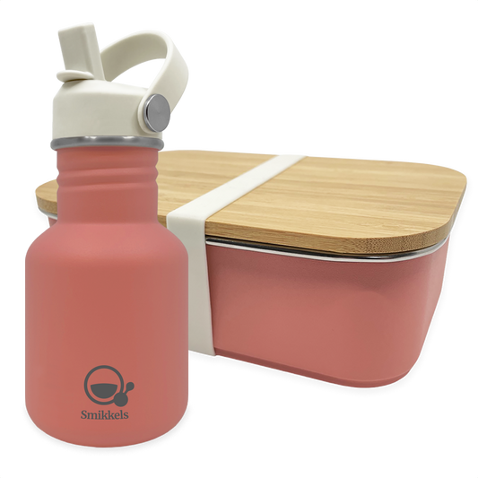 Smikkels set RVS drinkfles en RVS lunchbox met bamboe deksel Roze