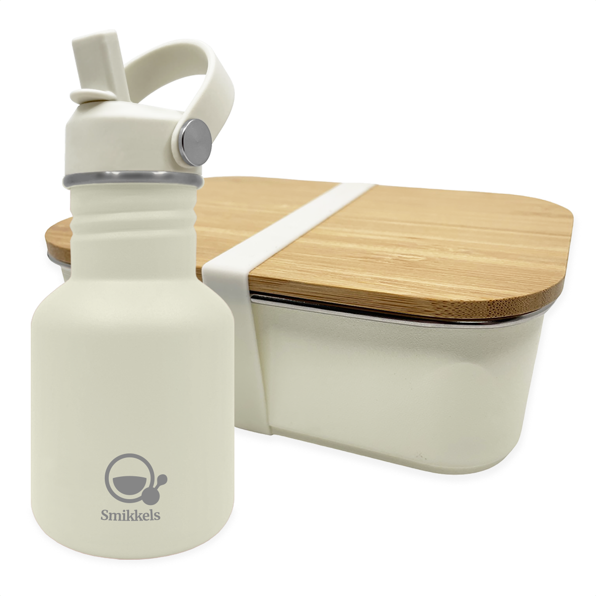 Smikkels set RVS drinkfles en RVS lunchbox met bamboe deksel Wit