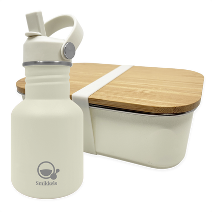 Smikkels set RVS drinkfles en RVS lunchbox met bamboe deksel Wit