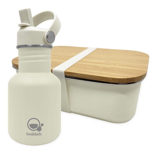 Smikkels set RVS drinkfles en RVS lunchbox met bamboe deksel Wit