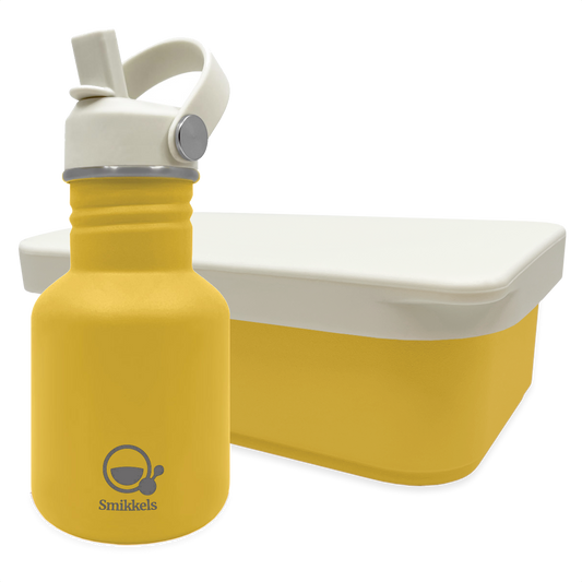 Smikkels set RVS drinkfles en RVS lunchbox met siliconen deksel Geel