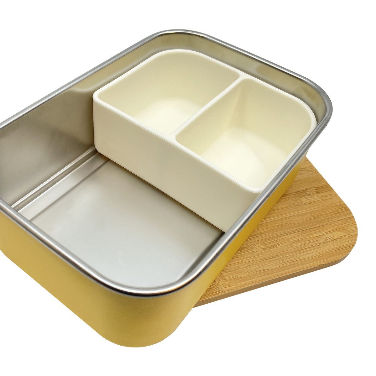 siliconen lunchbox verdeler in Smikkels gele lunchbox met bamboe deksel