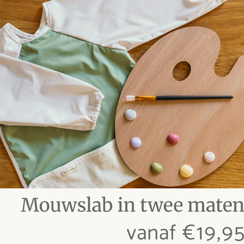 Smikkels mouwslab groen ligt op tafel met een schilderspalet 