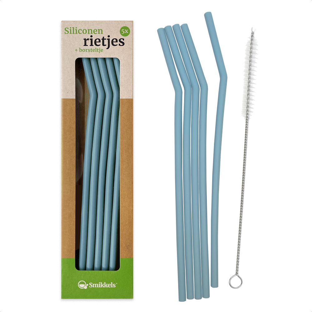Smikkels herbruikbare siliconen rietjes blauw met borsteltje