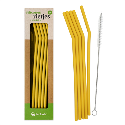 Smikkels herbruikbare siliconen rietjes geel met borsteltje