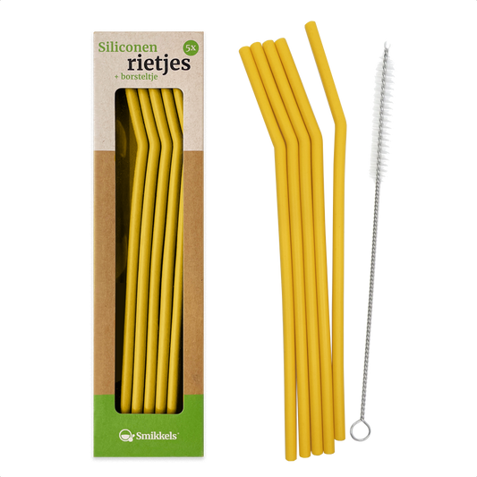 Smikkels herbruikbare siliconen rietjes geel met borsteltje