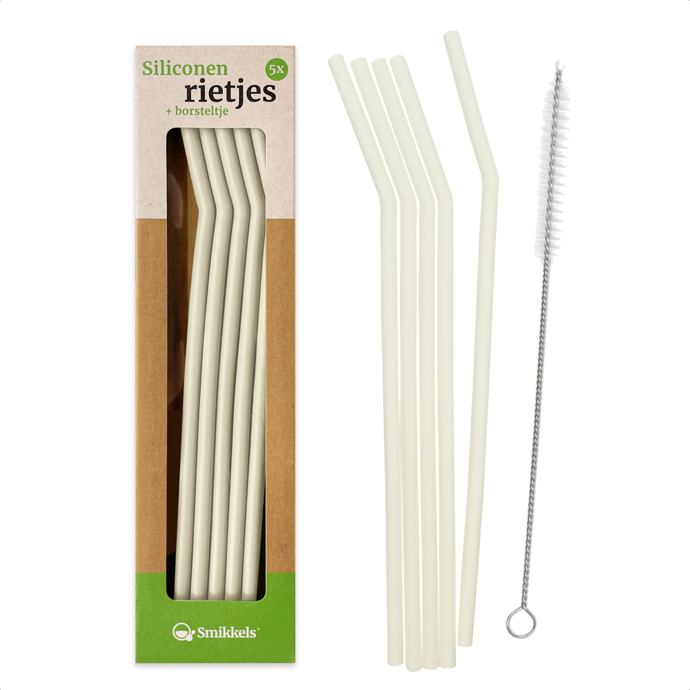 Smikkels herbruikbare siliconen rietjes wit met borsteltje