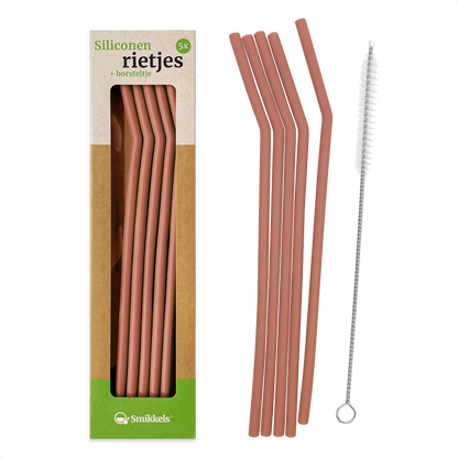 Smikkels herbruikbare siliconen rietjes roze met borsteltje