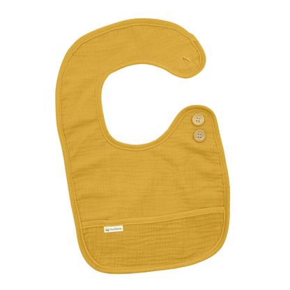 Geel slabbetje L van Smikkels met houten knoopjes, hydrofiele voorzijde en badstof achterzijde