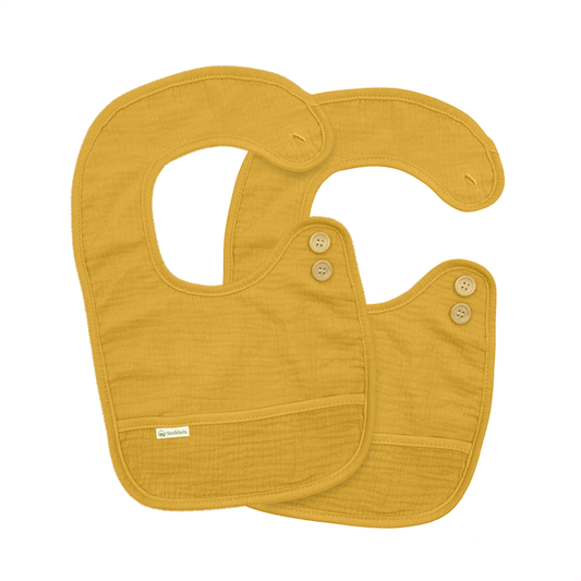 Set gele slabbetjes L van Smikkels met houten knoopjes, hydrofiele voorzijde en badstof achterzijde