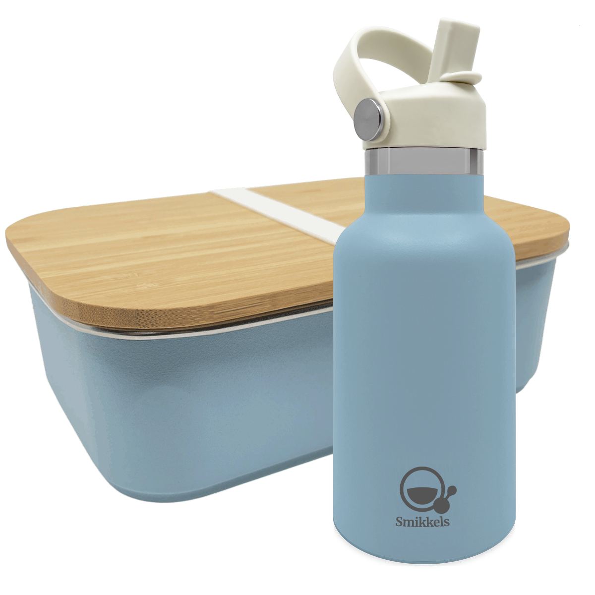 Smikkels set RVS thermos drinkfles en RVS lunchbox met bamboe deksel Blauw