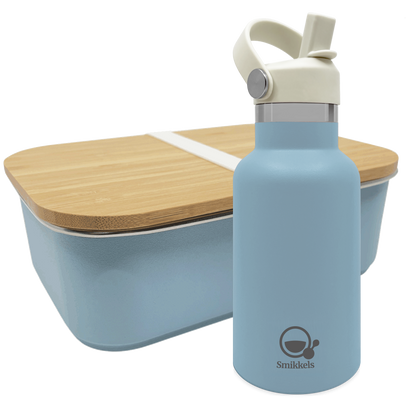 Smikkels set RVS thermos drinkfles en RVS lunchbox met bamboe deksel Blauw